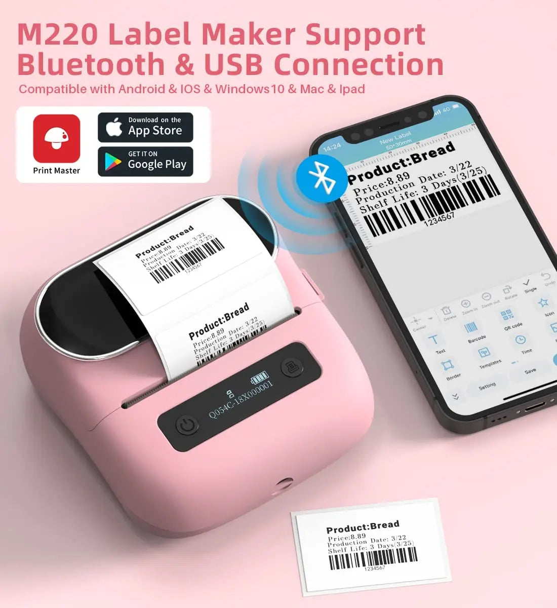 Phomemo Label Printer M220 Label Maker Mini Barcode Label Printer Wireless Portable Sticker Label Maker Machine for Address